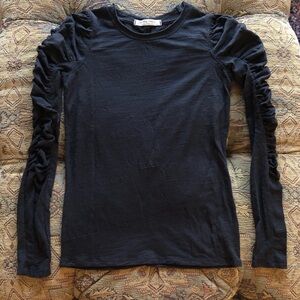 Free People NWOT Black Long Sleeve Shirt XS Ruched Puff Sleeve Slub Knit